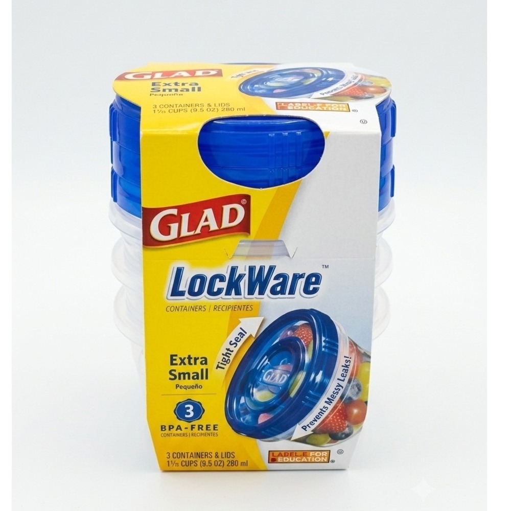 Glad LockWare Extra Small Food Storage Containers 3 Pack 9.5 oz Twist Seal NOS